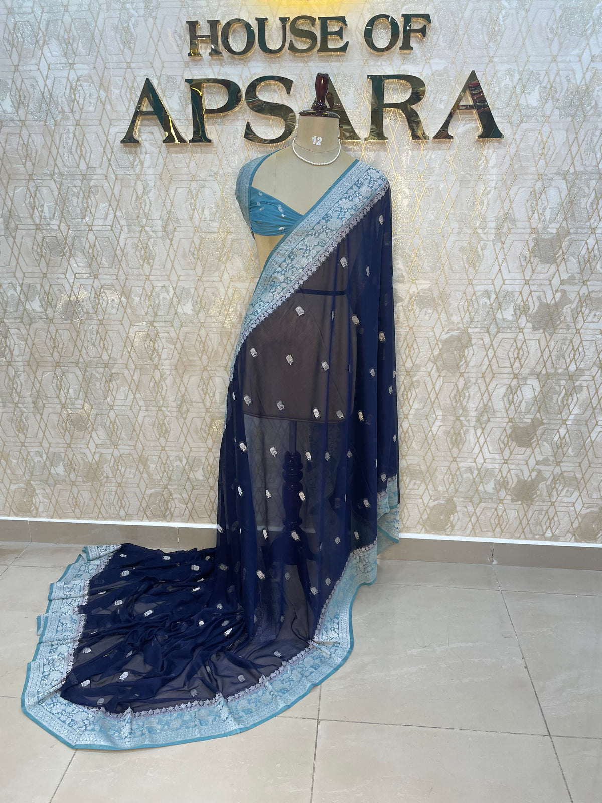 Navy Blue n Sky Blue With Silver Zari Semi Chiffon
