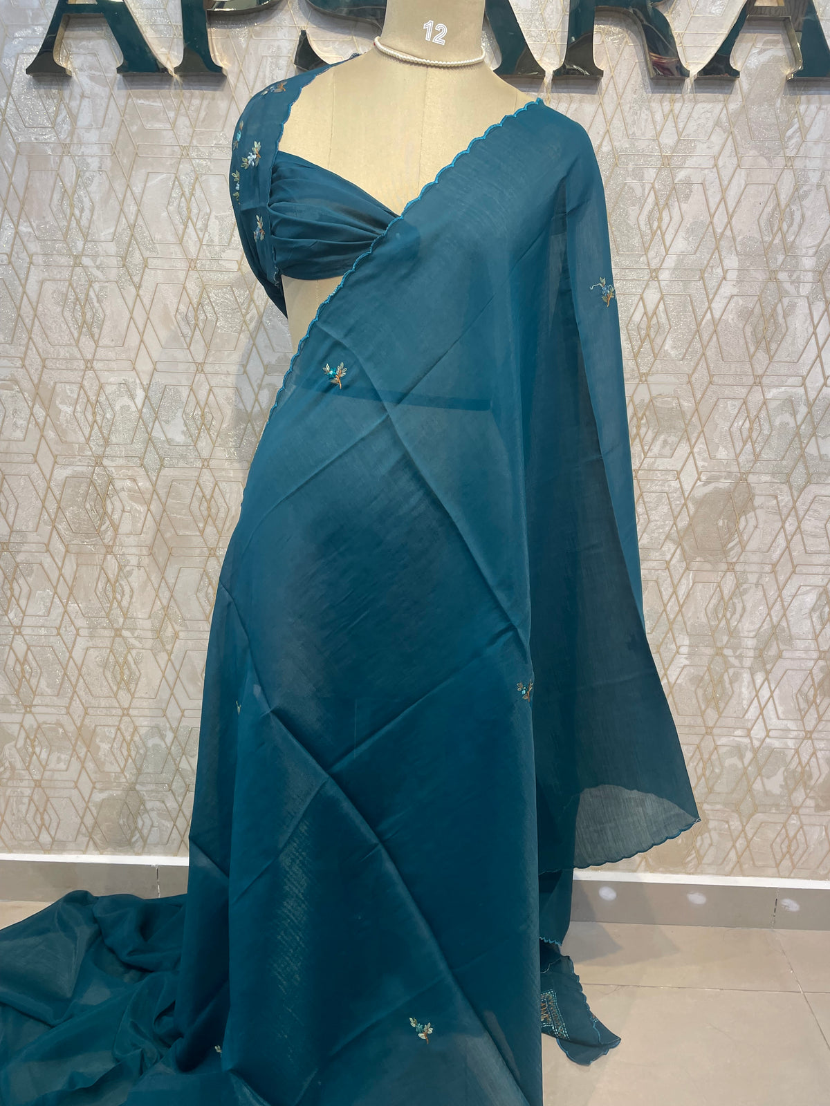 Blue Thread Embroidery Work Mul Chanderi Silk Saree 63