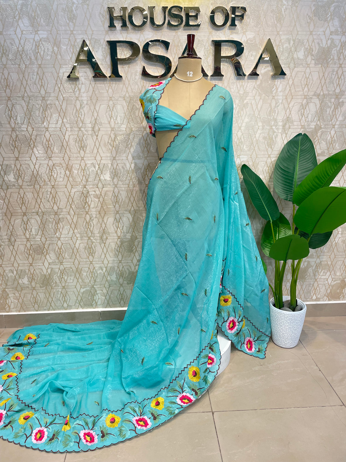 Teal Blue Soft Crush Tissue Sunflower Embroidery Work Saree 301