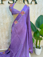 Purple Satin Silk Petite Point Embroidery Saree 305