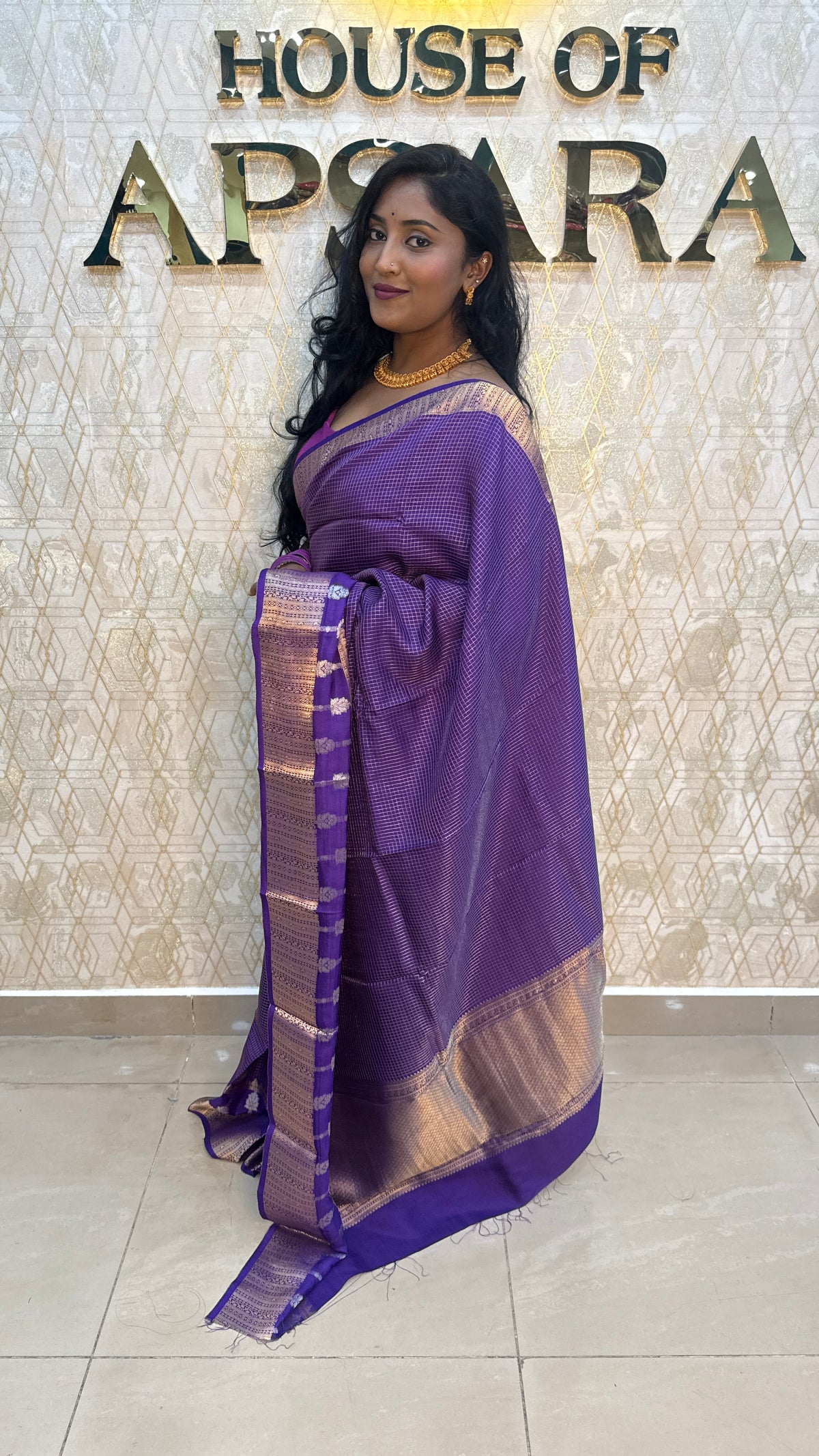 Purple Checks Crepe Silk Saree 74