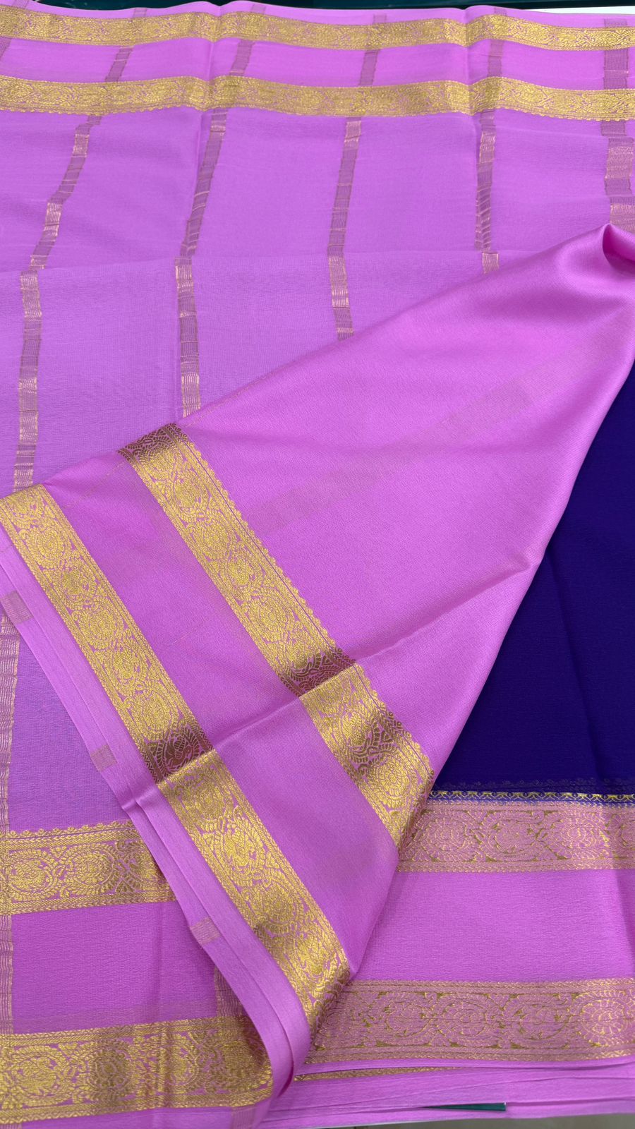 Navy Blue n Pink Pure Mysore Silk Crepe Saree 01