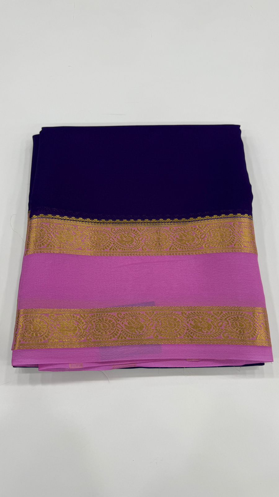 Navy Blue n Pink Pure Mysore Silk Crepe Saree 01
