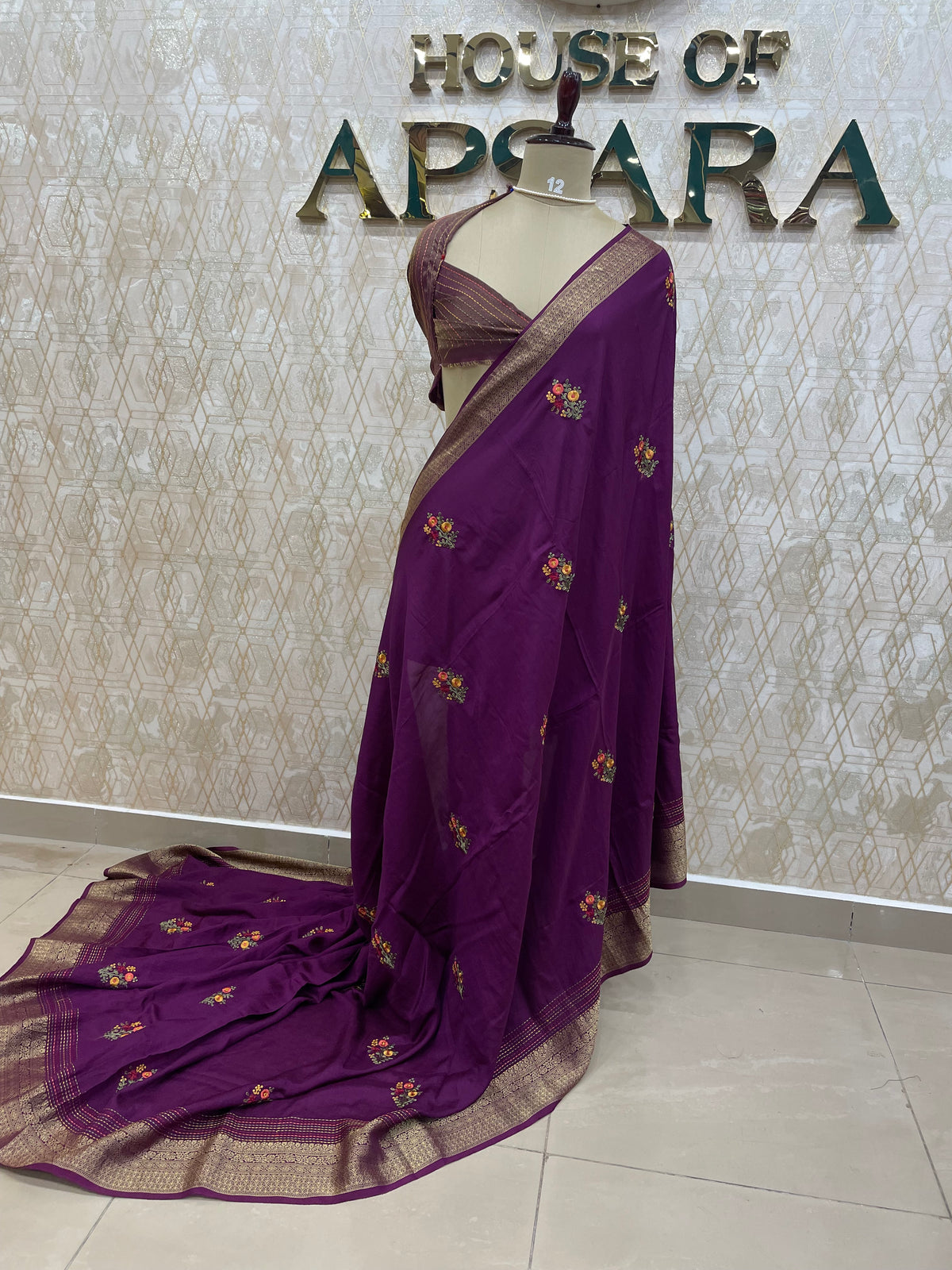 Purple Chiniya Crepe Katha Work Saree 29
