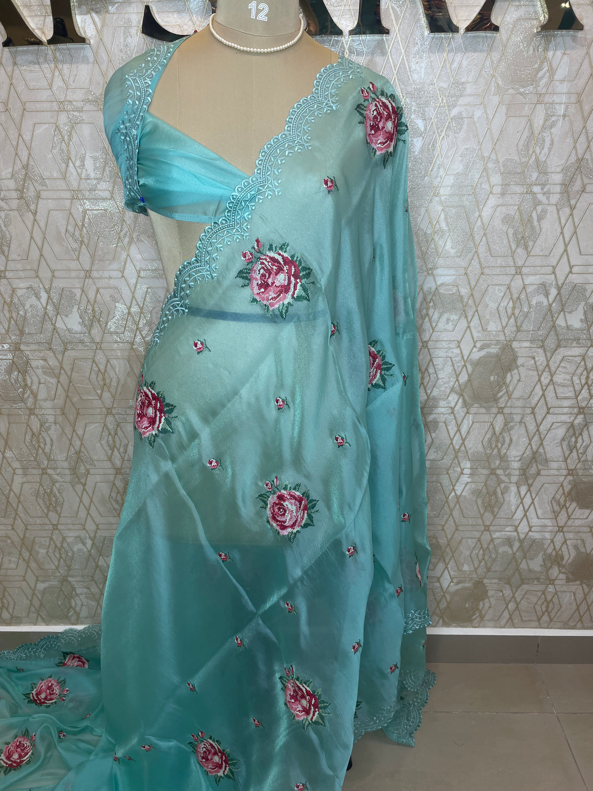 Sea Blue Soft Organza CutWork With Embroidery Saree 40