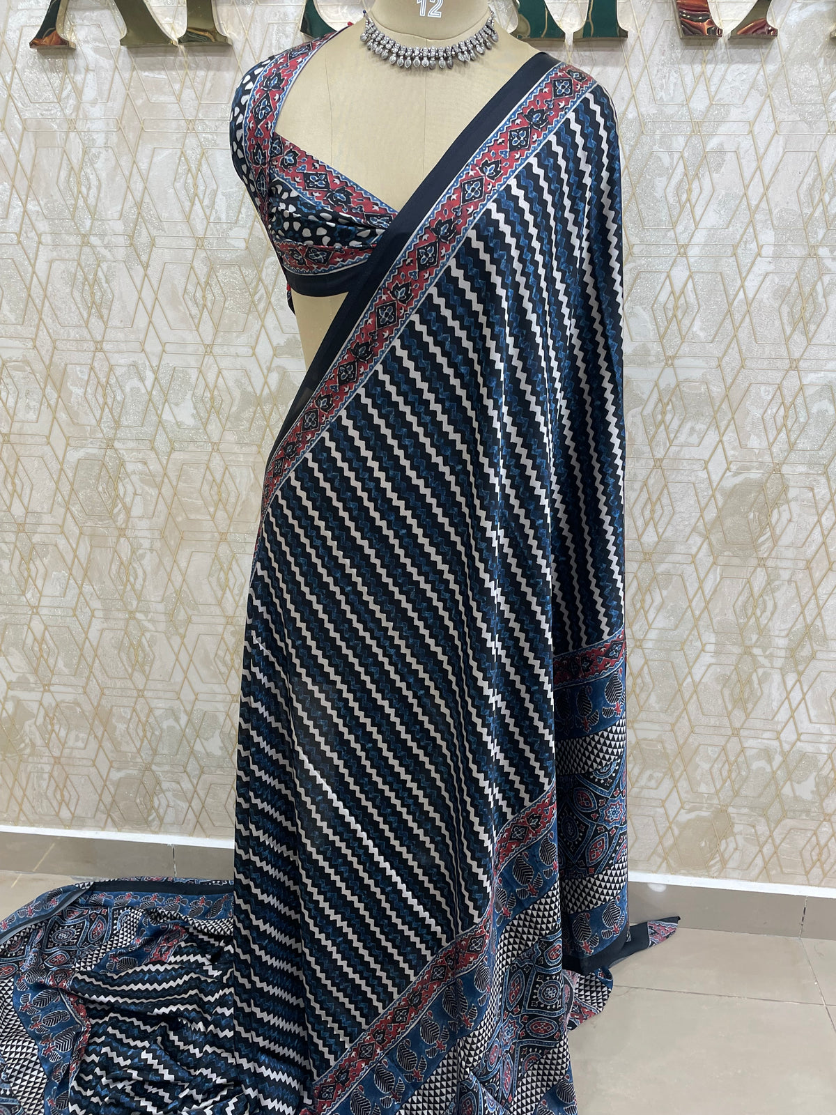 Navy Blue Satin Digital Print Saree 45