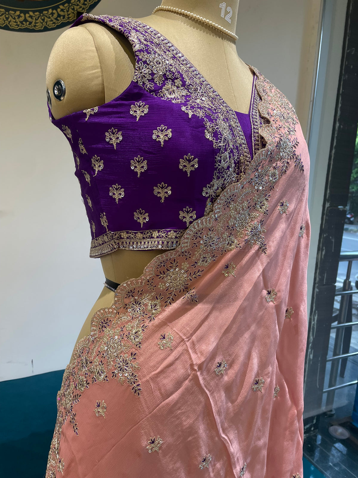 Pastel Pink Handwork Stitched Blouse Designer Party Saree