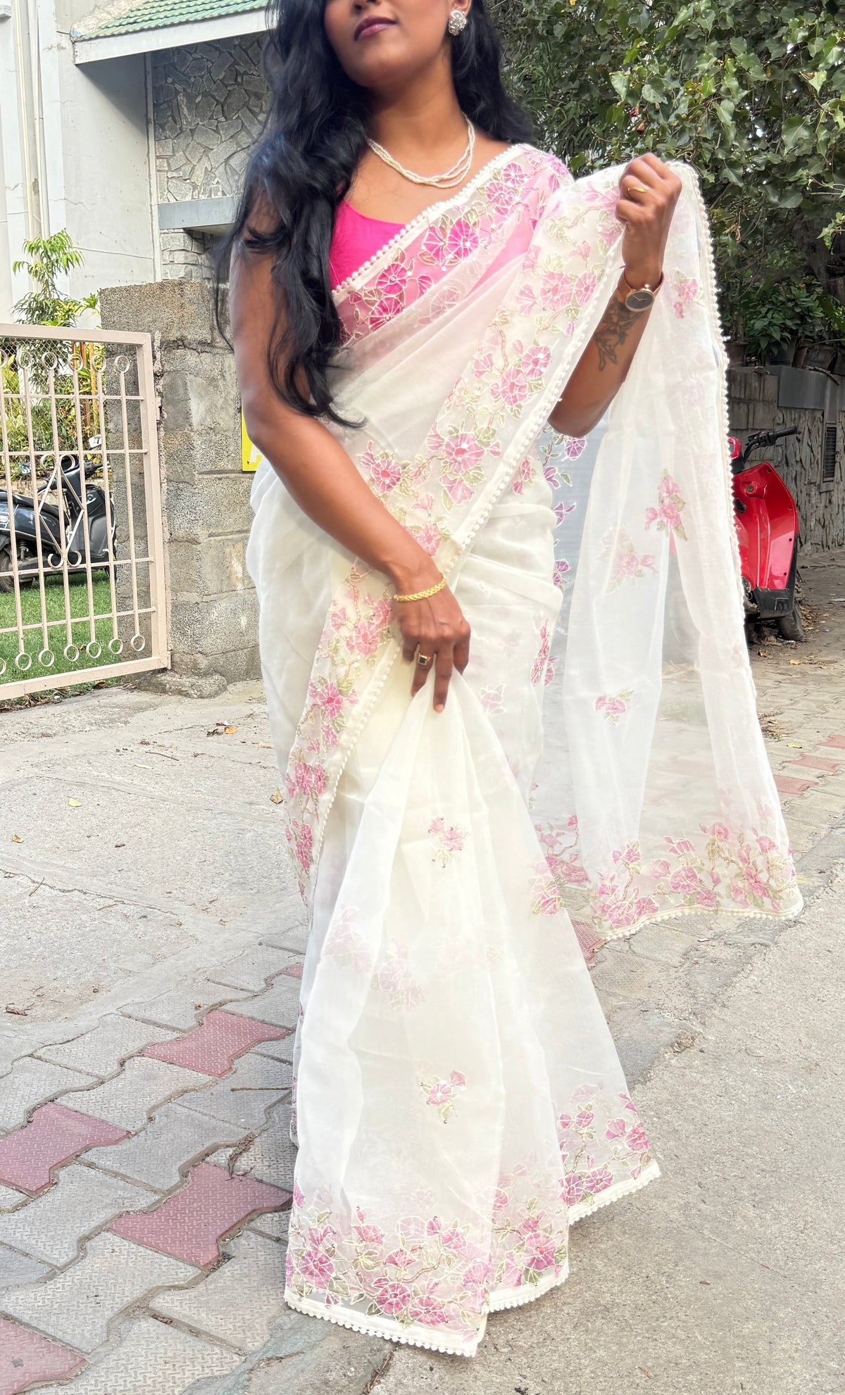 White n Pink Soft Organza Embroidery Saree 103