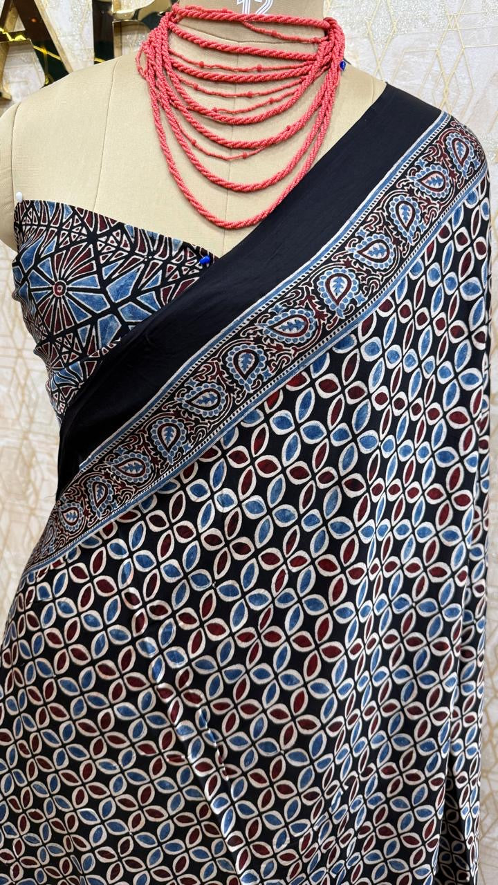 Black n Blue Pure Modal Silk Ajrak Print Saree 05