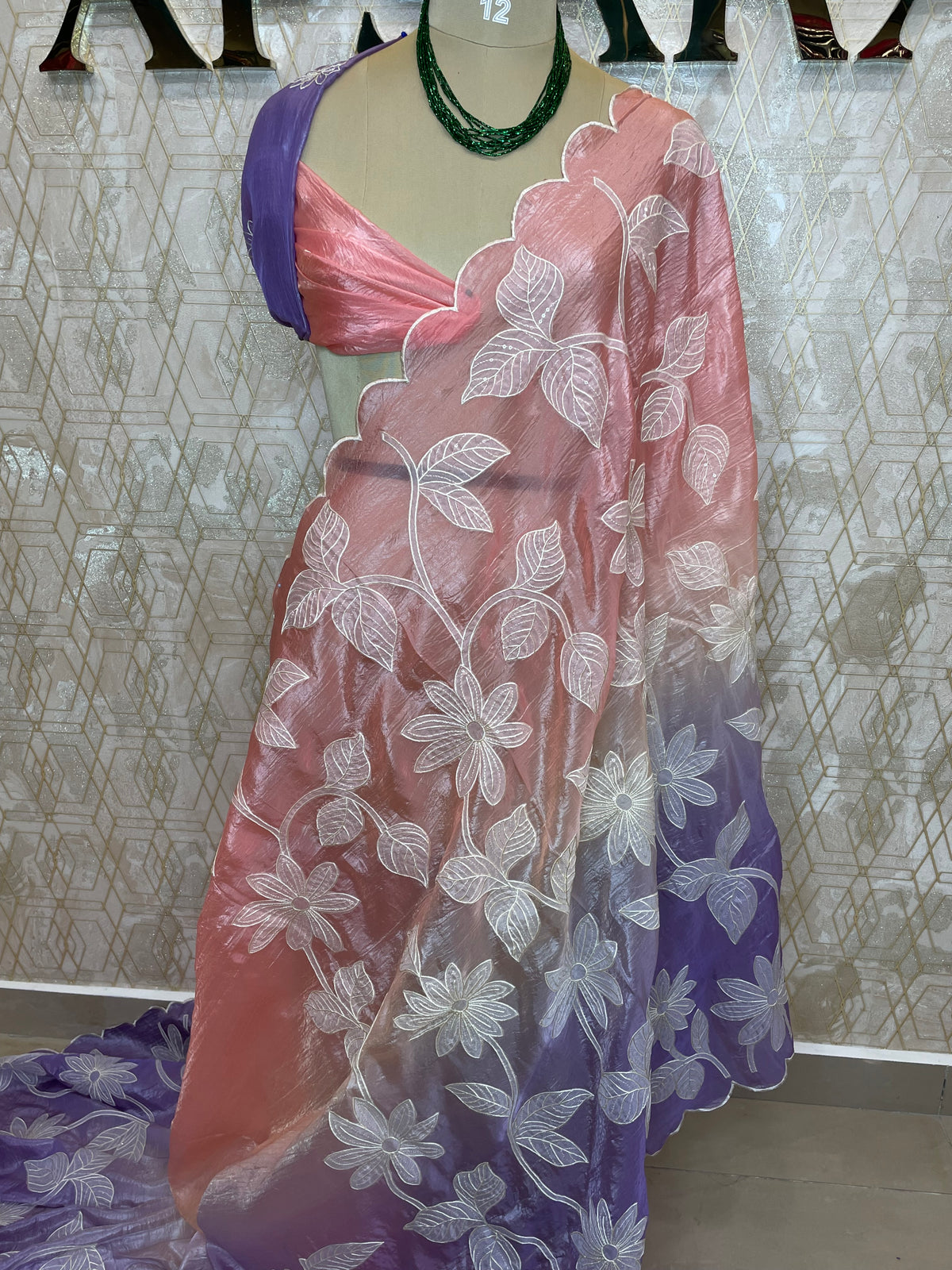Pink n Purple Organza Applique Work Saree 20