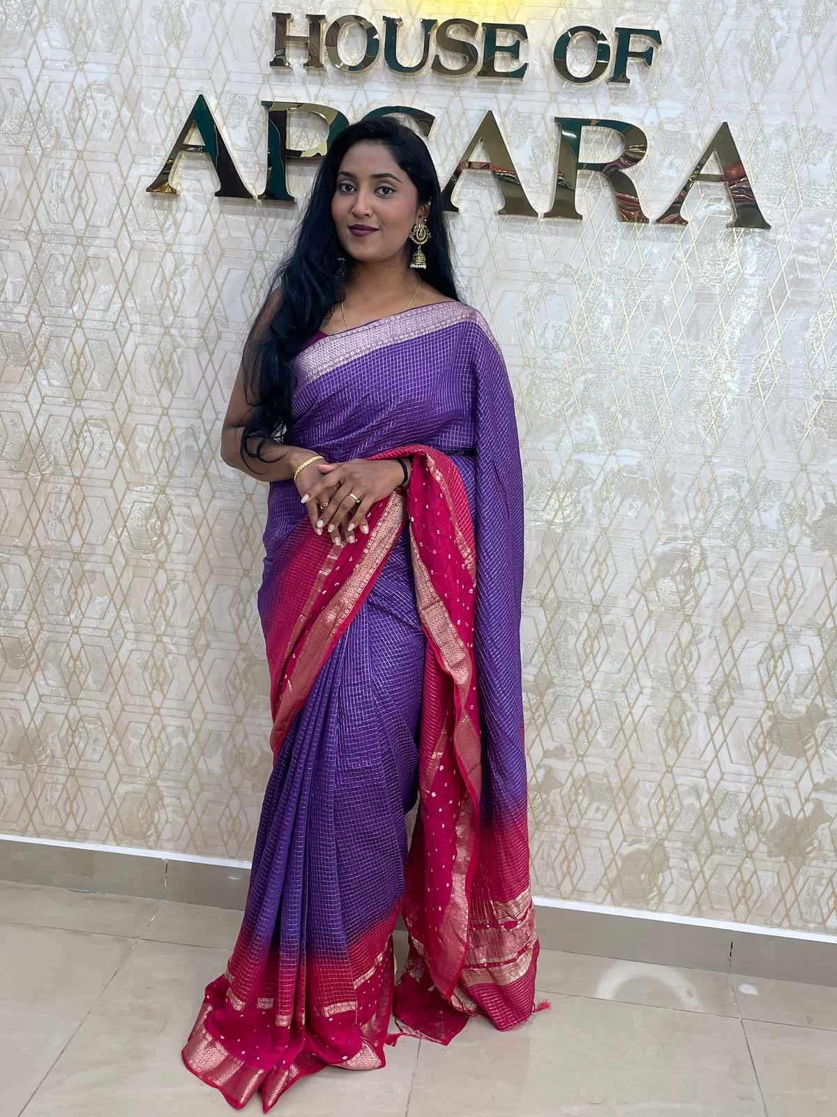 Purple n Pink Checks Cotton Silk Saree 13
