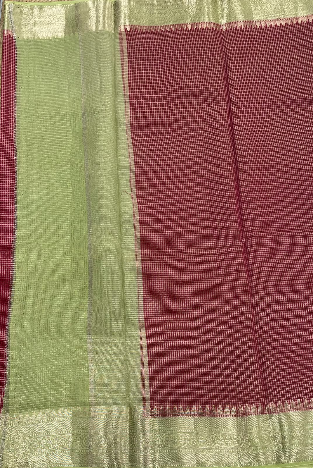 Red n Pista Green Checks Cotton Silk Saree 13