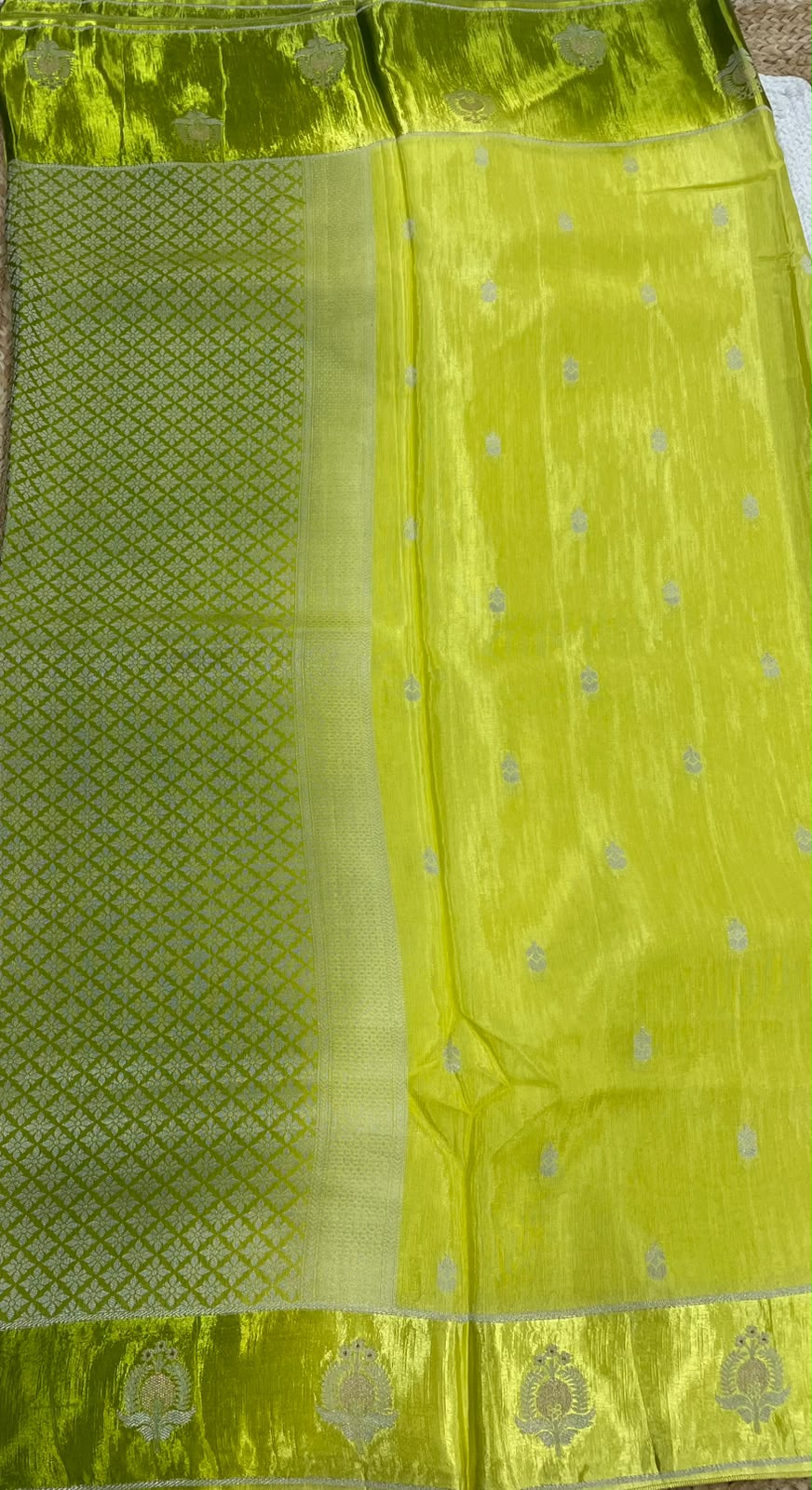 Neon Yellow n Green Matka Silk with Satin Border Saree 14