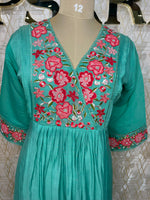 Sea Green Mul Chanderi Silk Hand Embroidery Kurtha 114