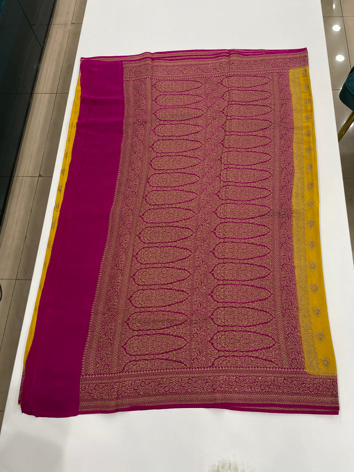 Yellow n Pink Pure Banarasi Big Butta Crepe Saree 03