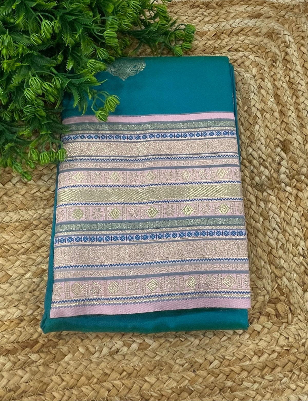 Peacock Blue n Baby Pink Semi Silk Saree 42