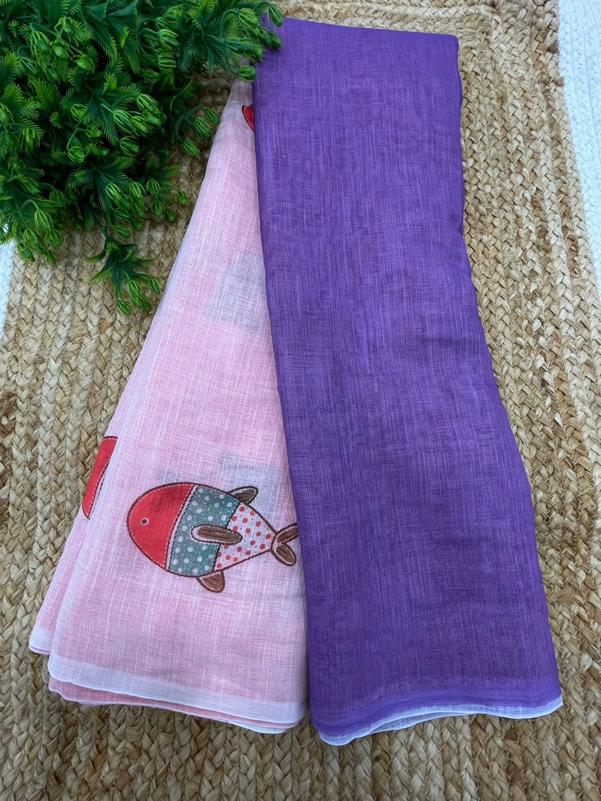 Purple n White Lenin Cotton Floral Print Saree 19