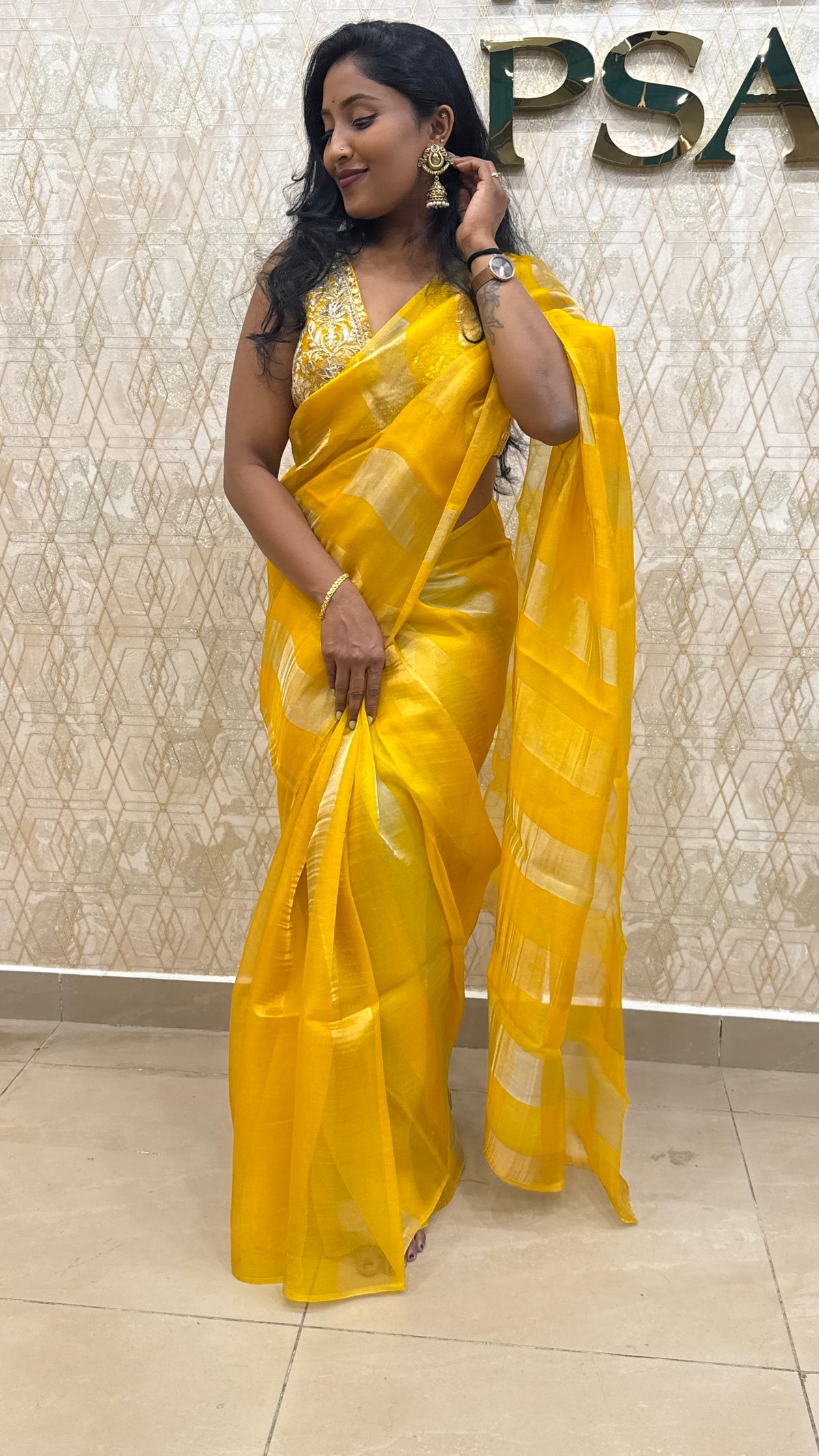 Yellow Pure Tissue Stripes Saree 11