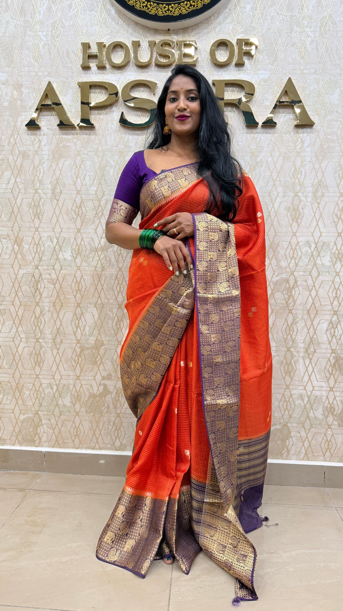 Orange n Purple Checks Cotton Silk Saree 13