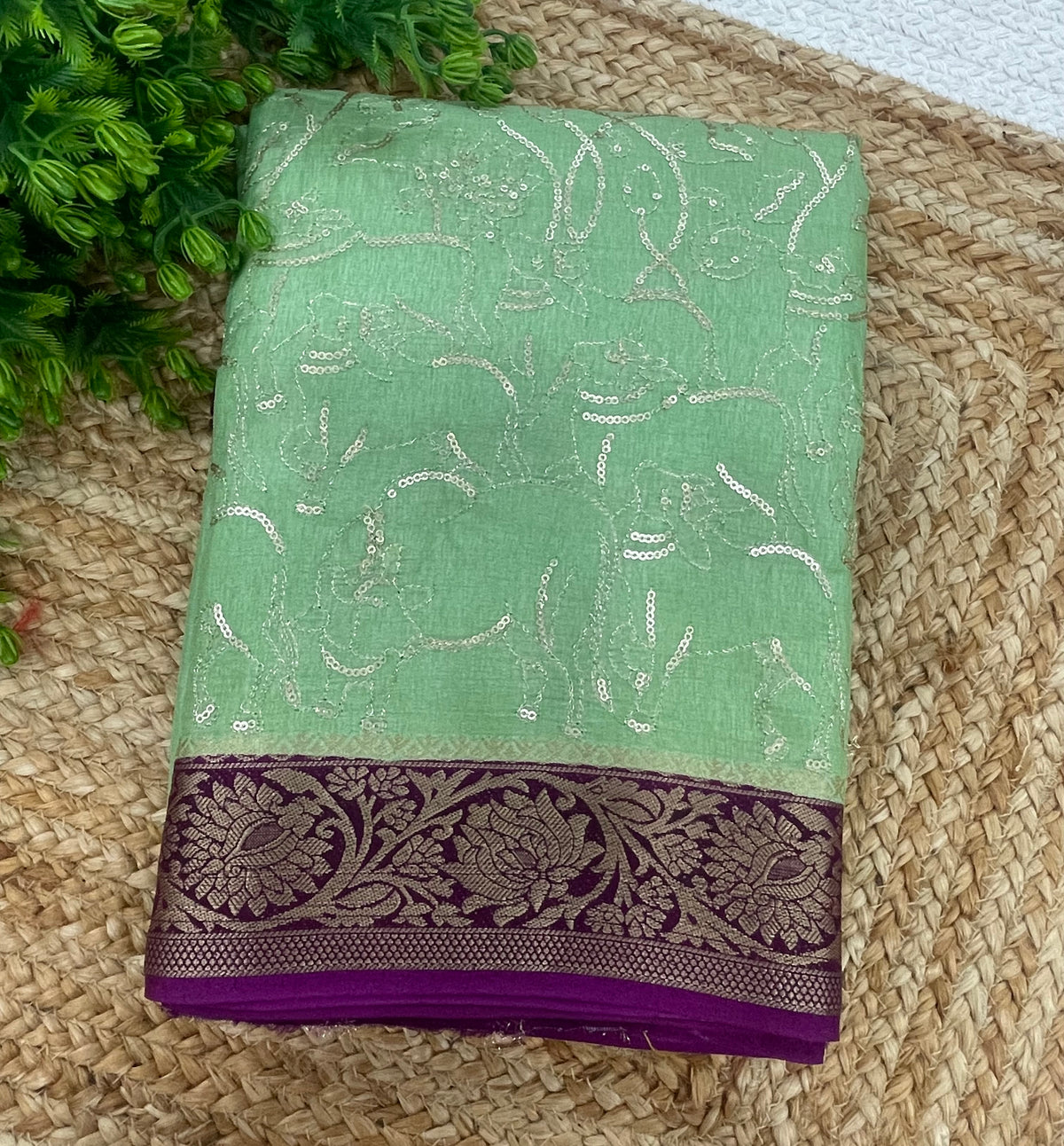Green n Purple Tussur Crepe Sequence Work Saree 21