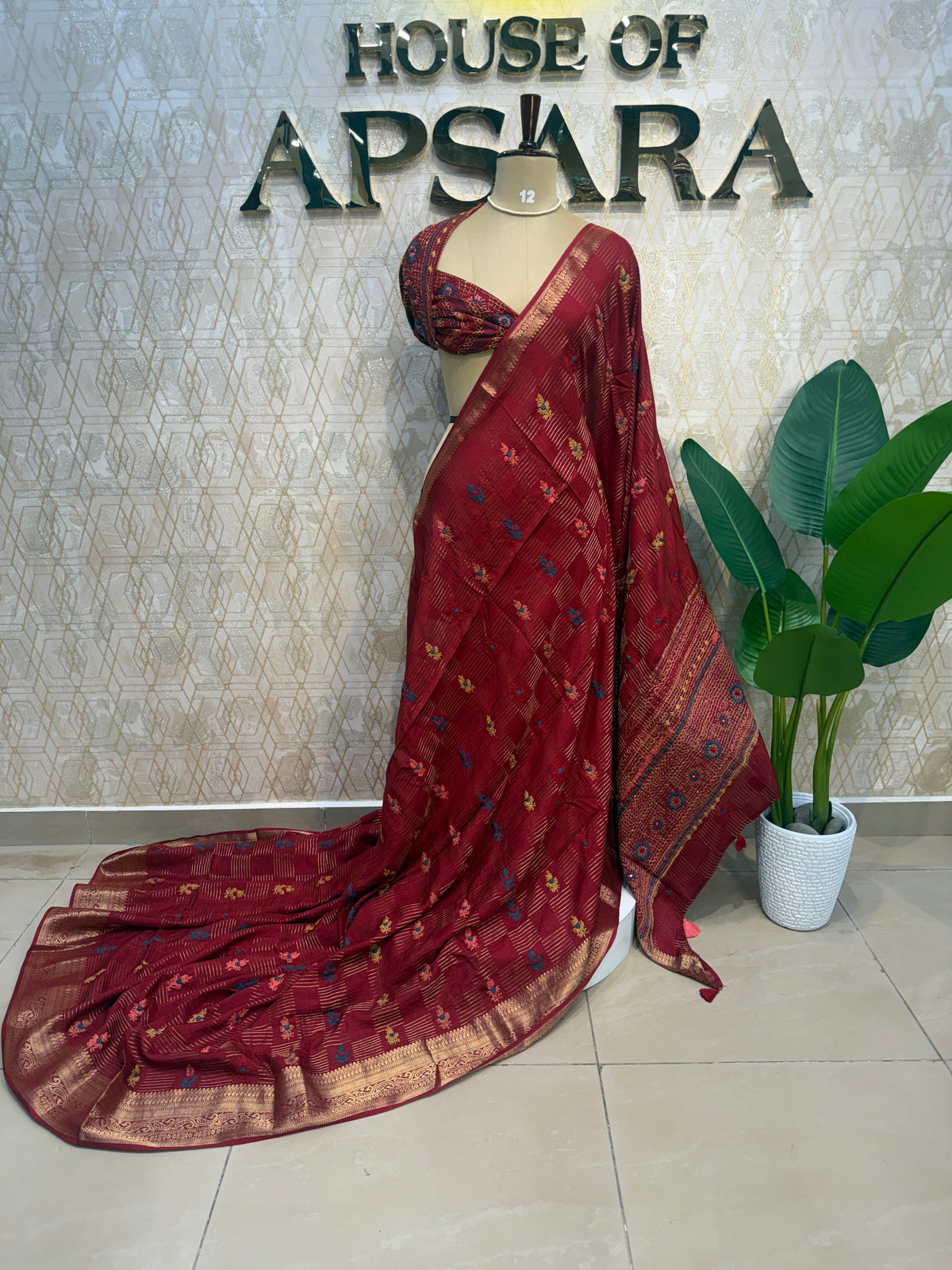 Red Crepe Handwork Saree 206