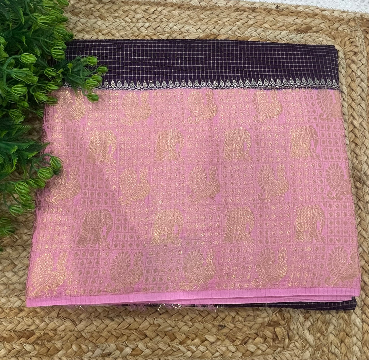 Purple n Pink Checks Cotton Silk Saree 13