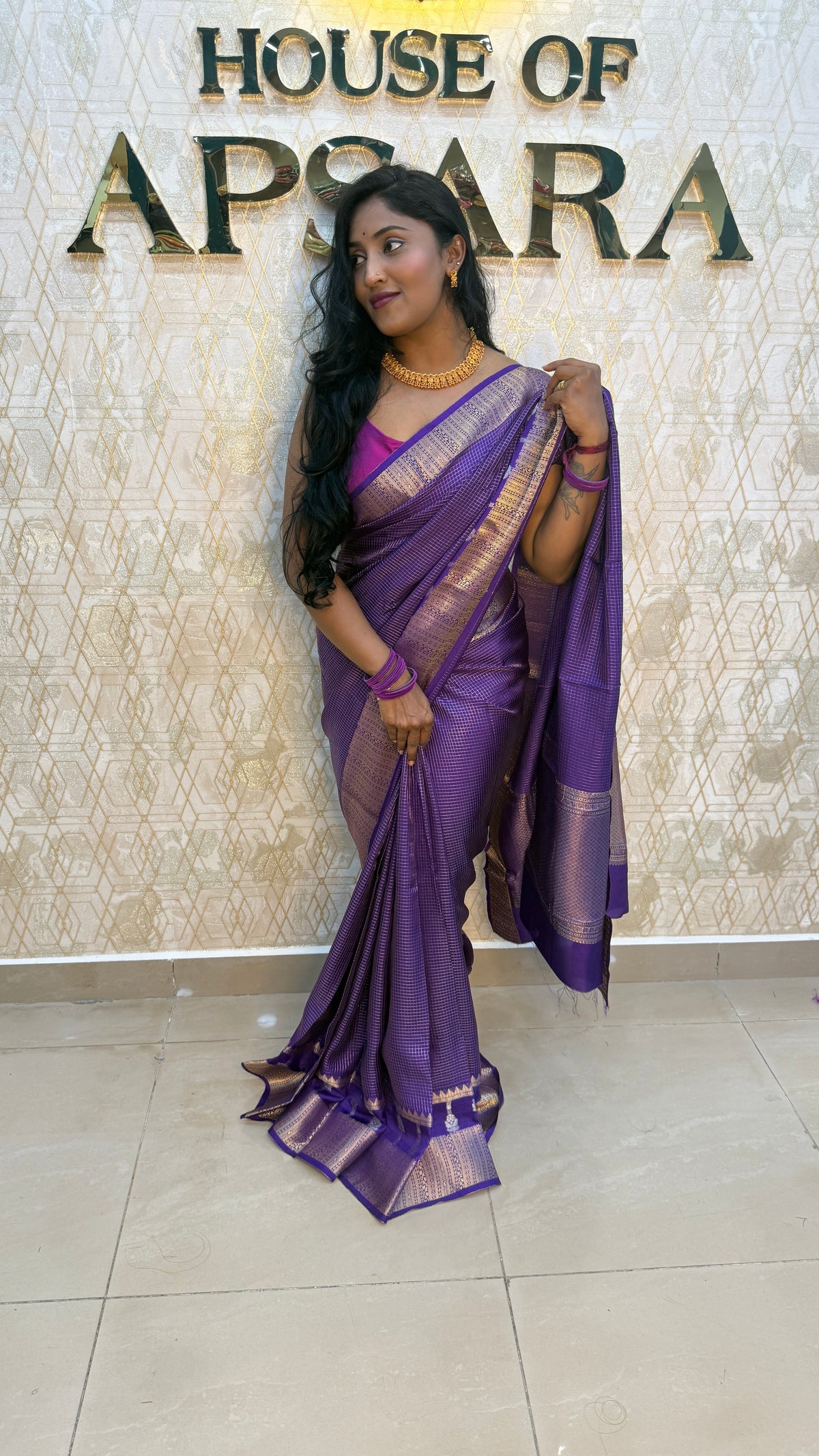 Purple Checks Crepe Silk Saree 74