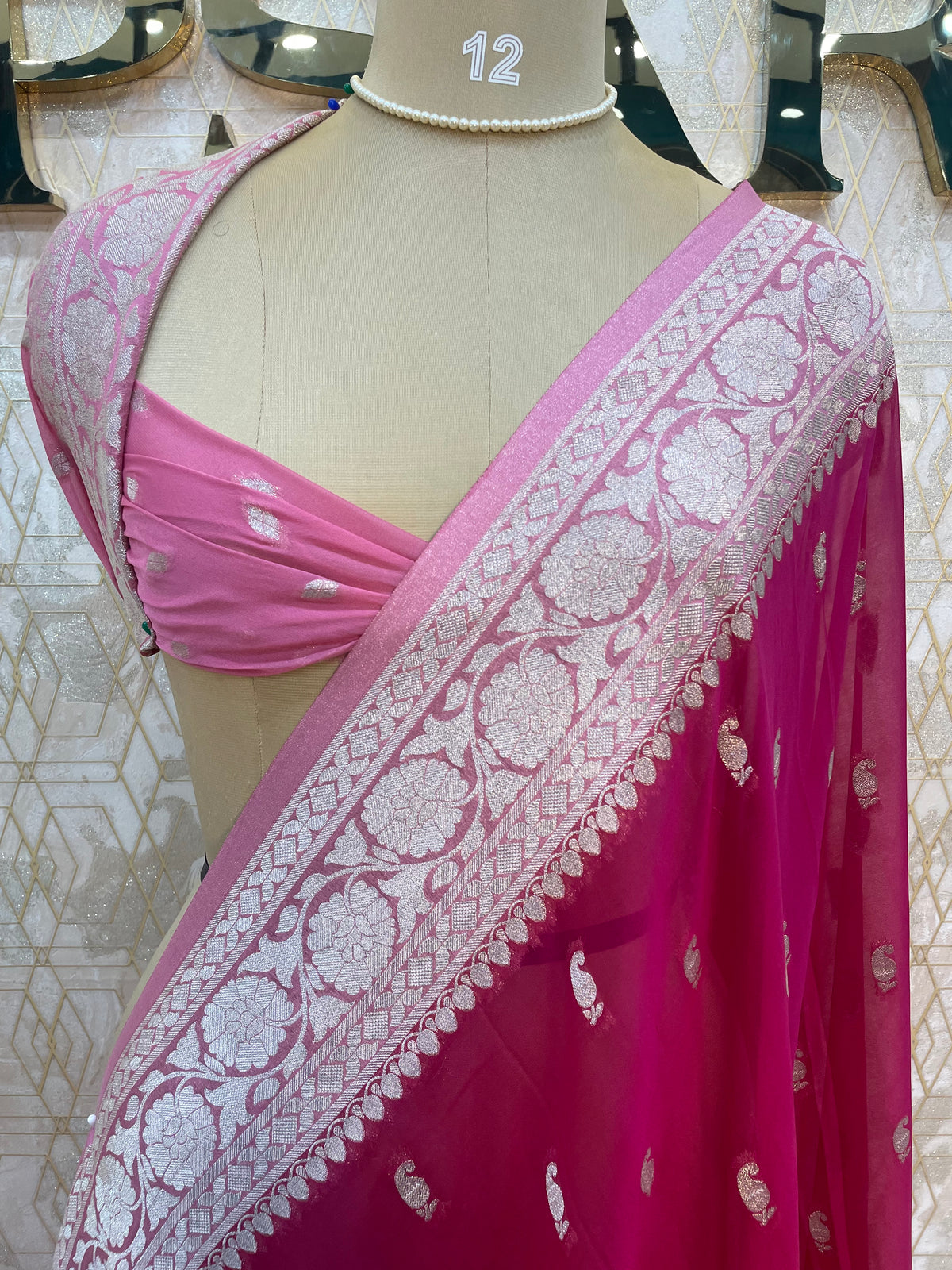 Pink With Silver Zari Semi Chiffon