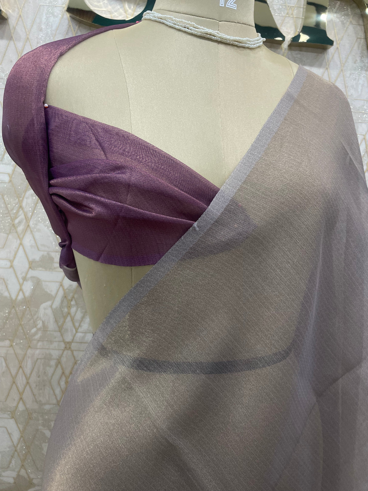 Grey n Wine Tissue Floral Print Saree 35