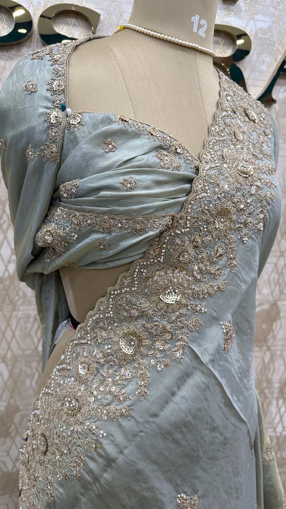 Mint Grey Shimmer Designer Saree
