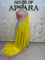 Yellow n Pink With Silver Zari Semi Chiffon