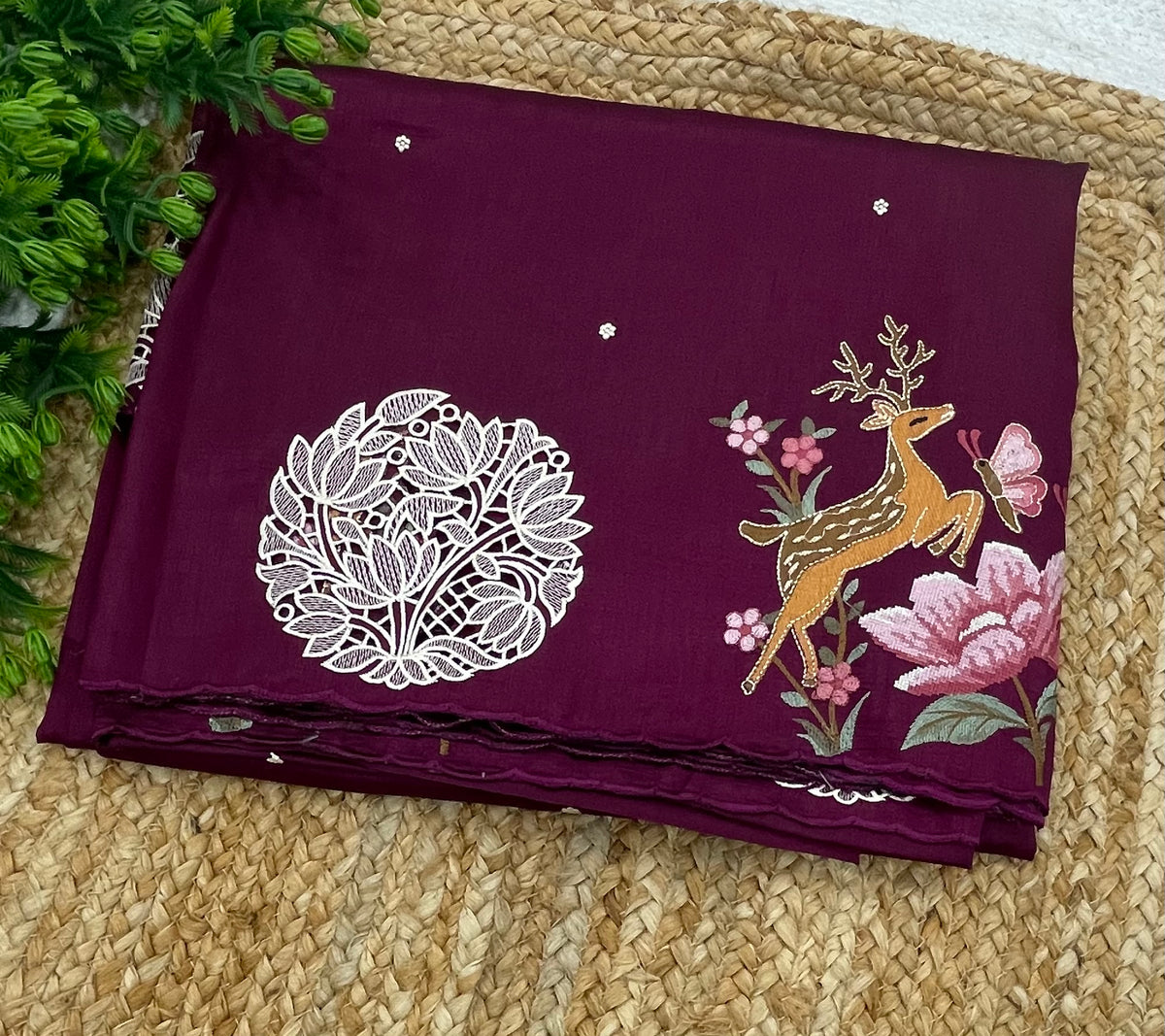 Wine Soft Tussur Embroidery Saree 21