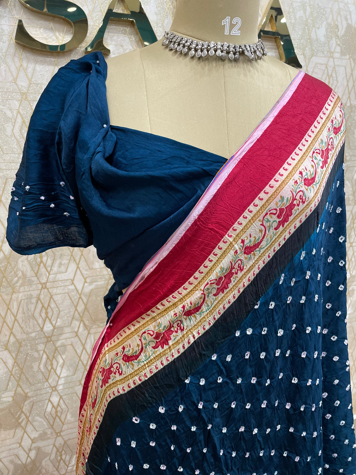 Peacock Blue Pure Modal Silk Bandhini With Kalamkari Print Saree 05