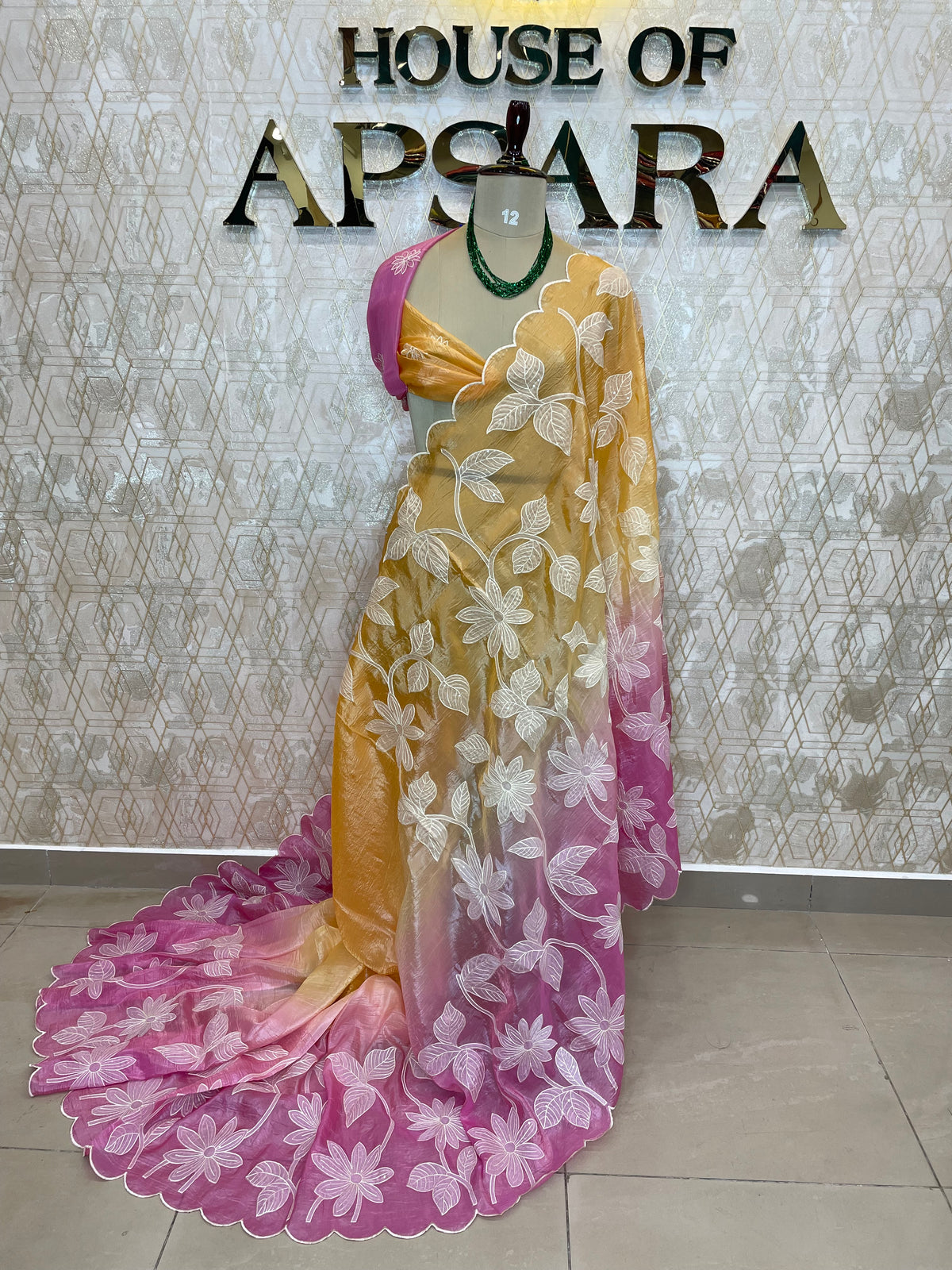 Orange n Pink Organza Applique Work Saree 20