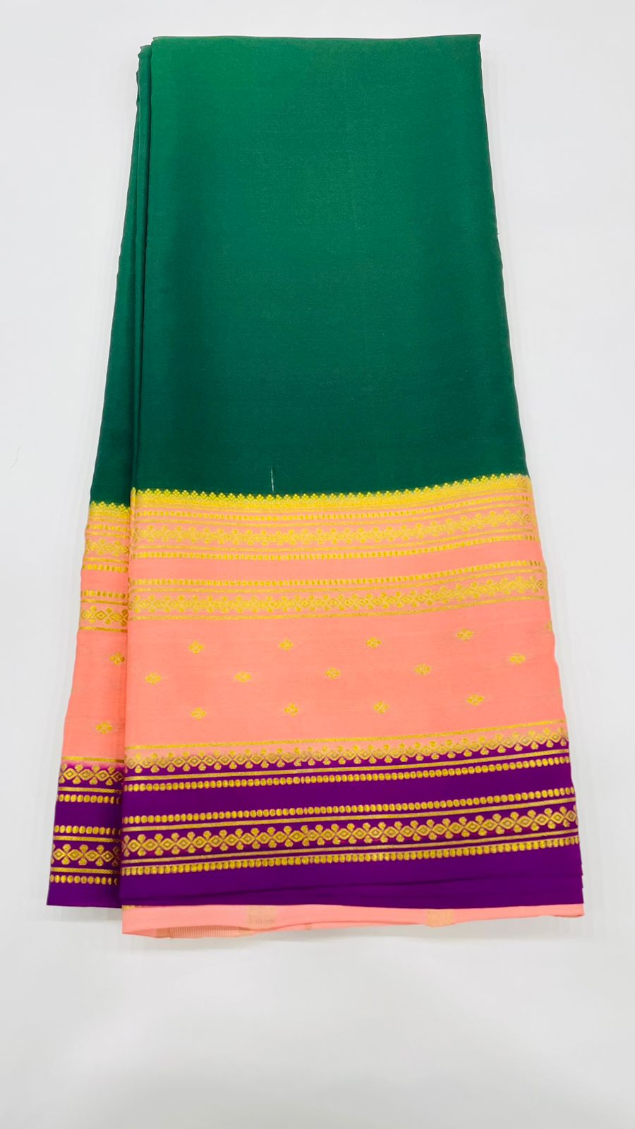 Bottle Green n Peach 3D Pure Mysore Silk Crepe Saree 01
