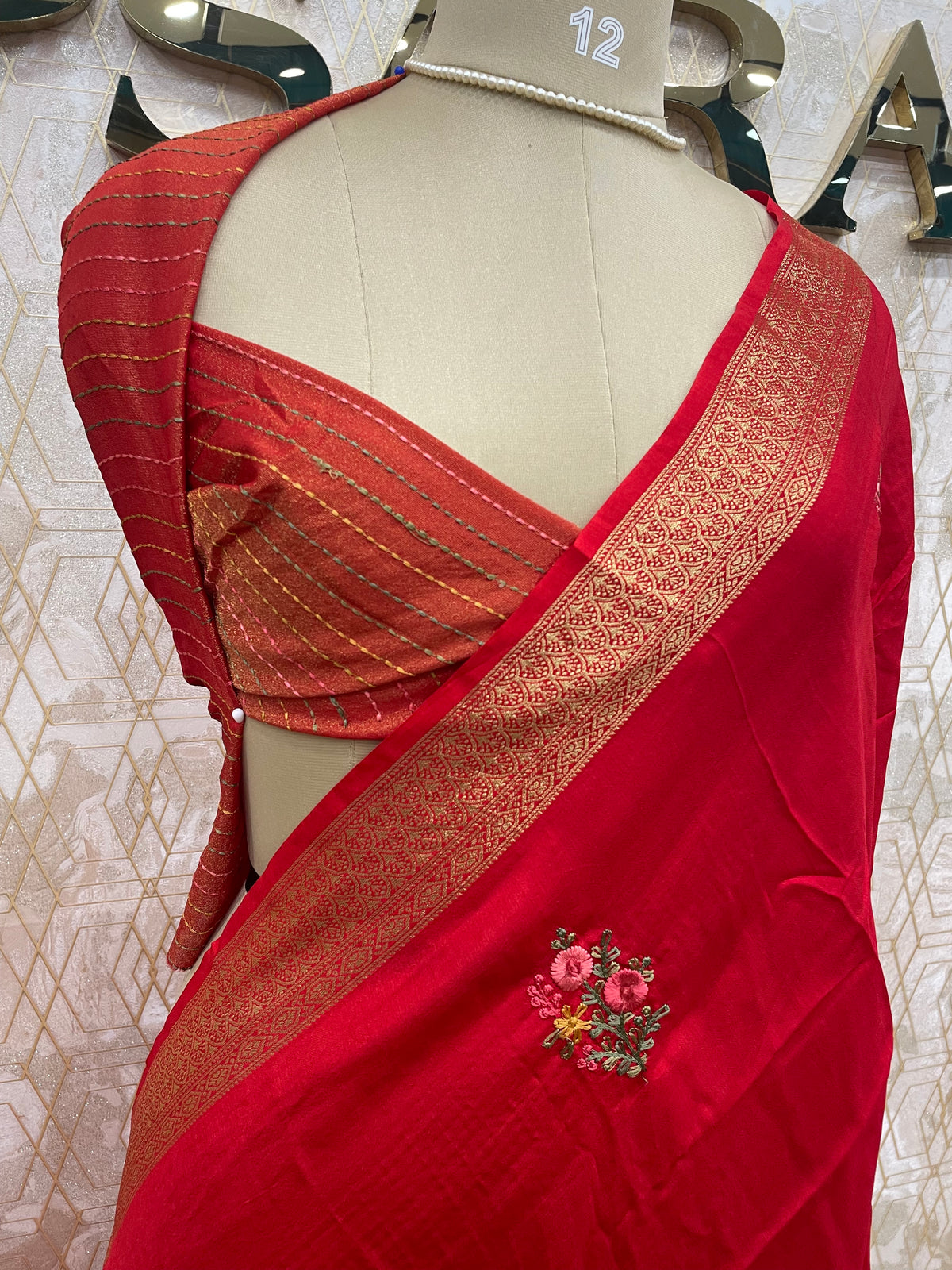 Red Chiniya Crepe Katha Work Saree 29