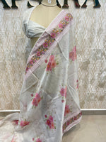 White n Pink Soft Tissue Embroidery With Floral Print Saree 64