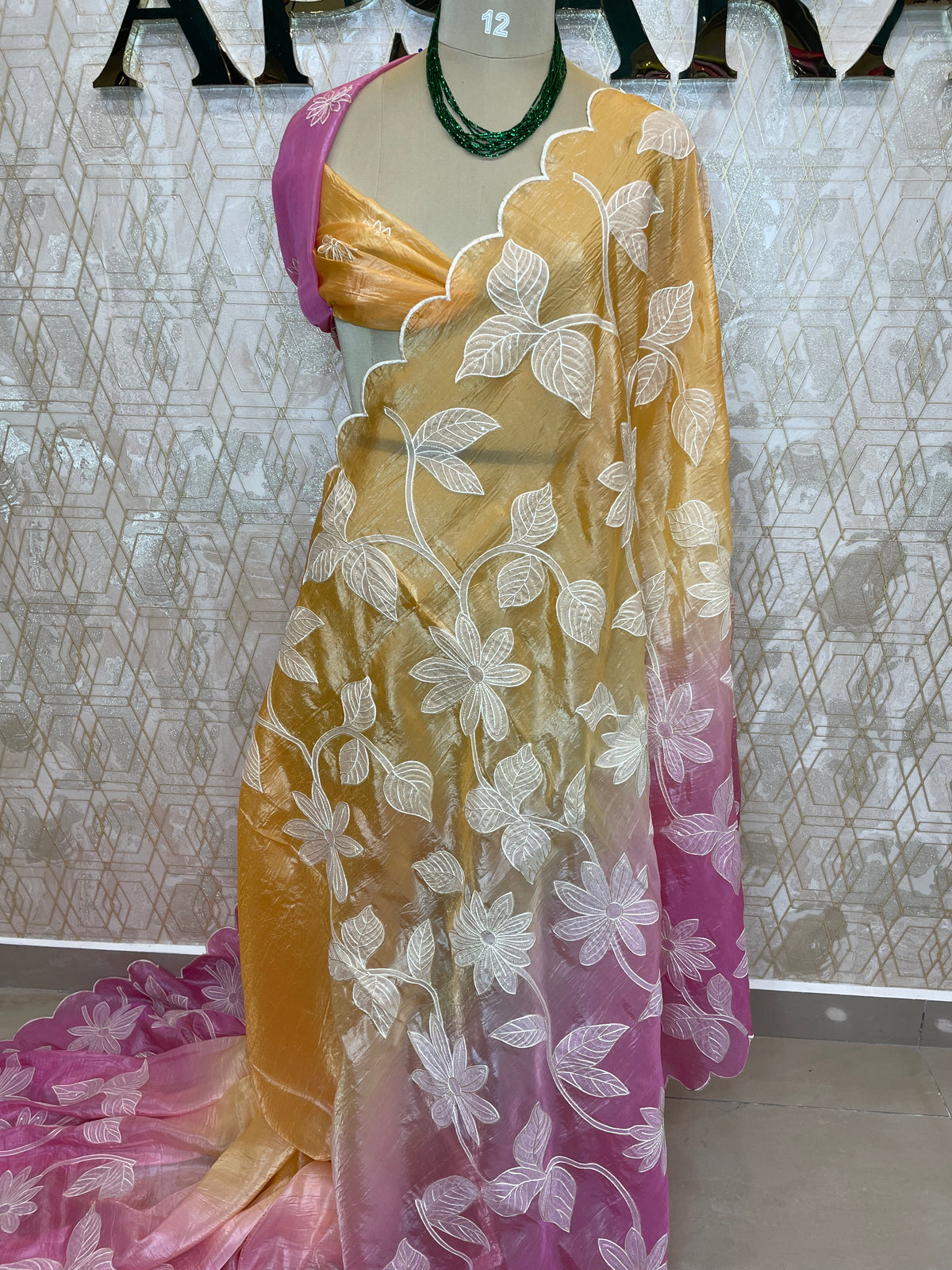 Orange n Pink Organza Applique Work Saree 20