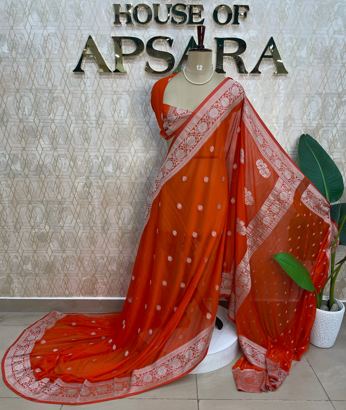 Orange Banarasi Silk Saree With Silvar Zari Semi Chiffon