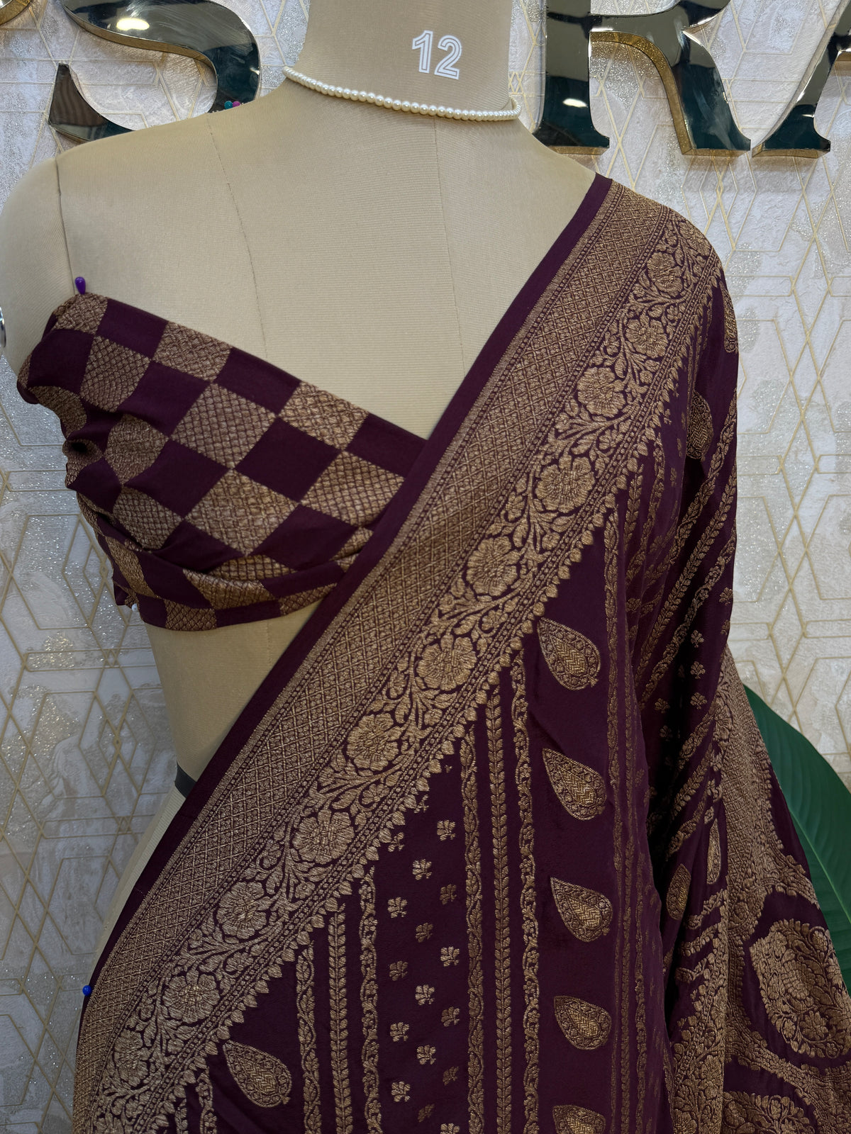 Marron Pure Banarasi Crepe Self Saree 03