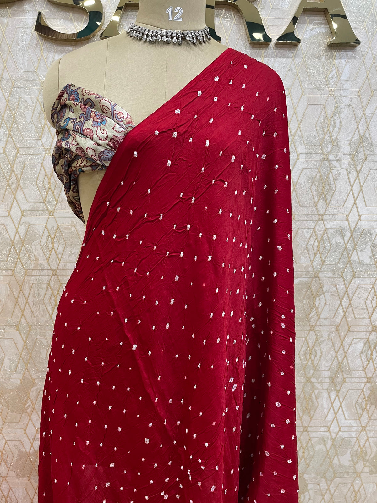 Red Blue Pure Modal Silk Bandhini With Kalamkari Print Saree 05