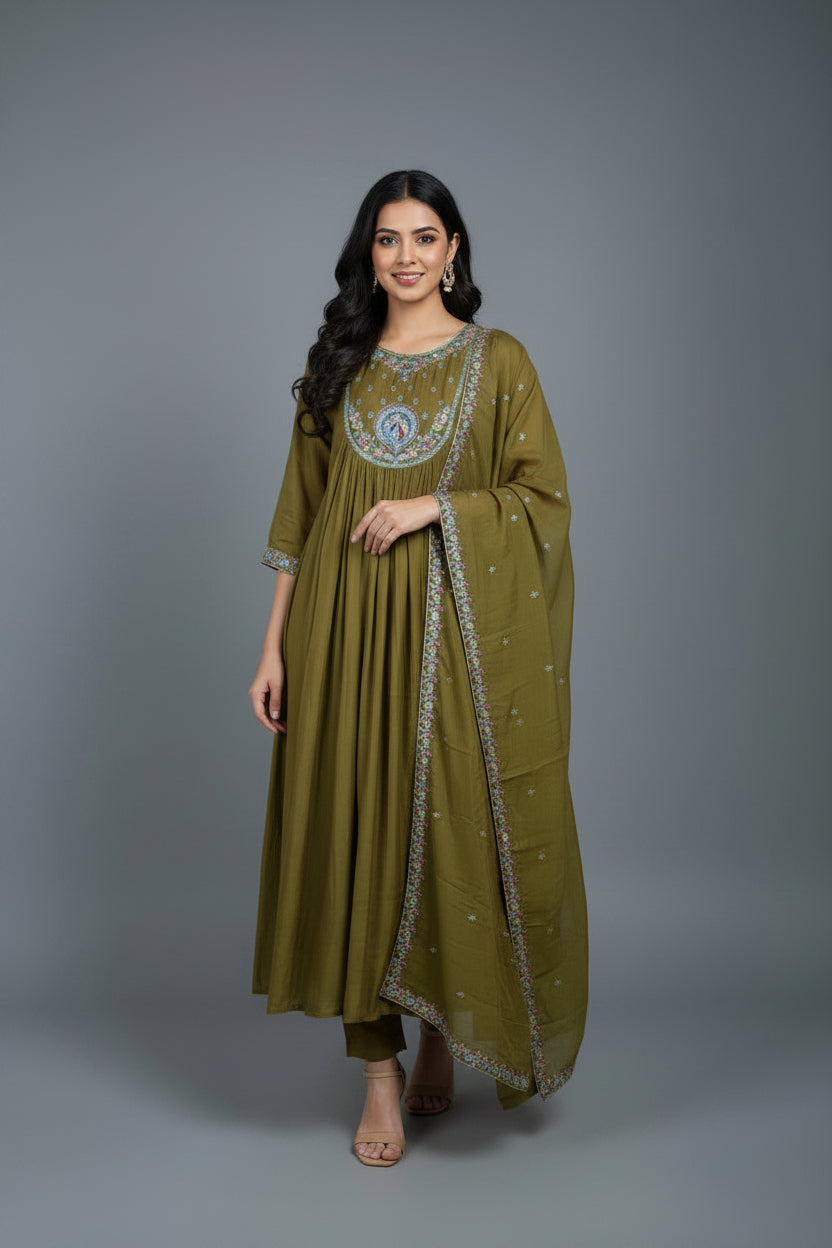 Mehendi Green Mul Chanderi Silk Hand Embroidery Airline Alia Cut Kurtha 114