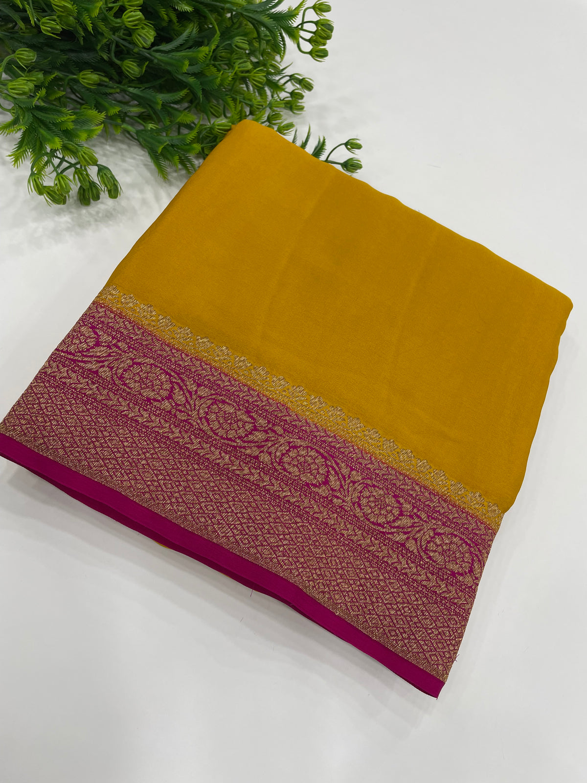 Yellow n Pink Pure Banarasi Crepe Saree 03