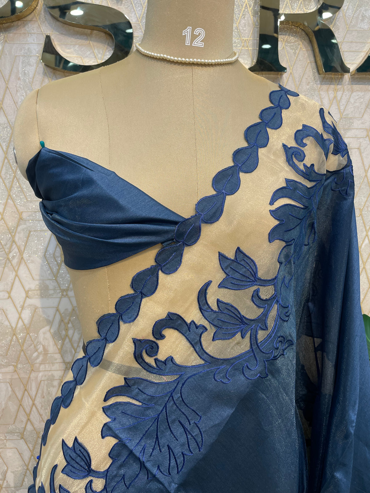 Navy Blue Tissue Aplique Embroidery Saree 29