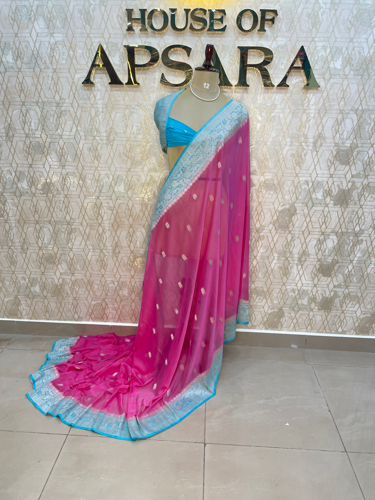 Pink n Sky Blue With Silver Zari Semi Chiffon