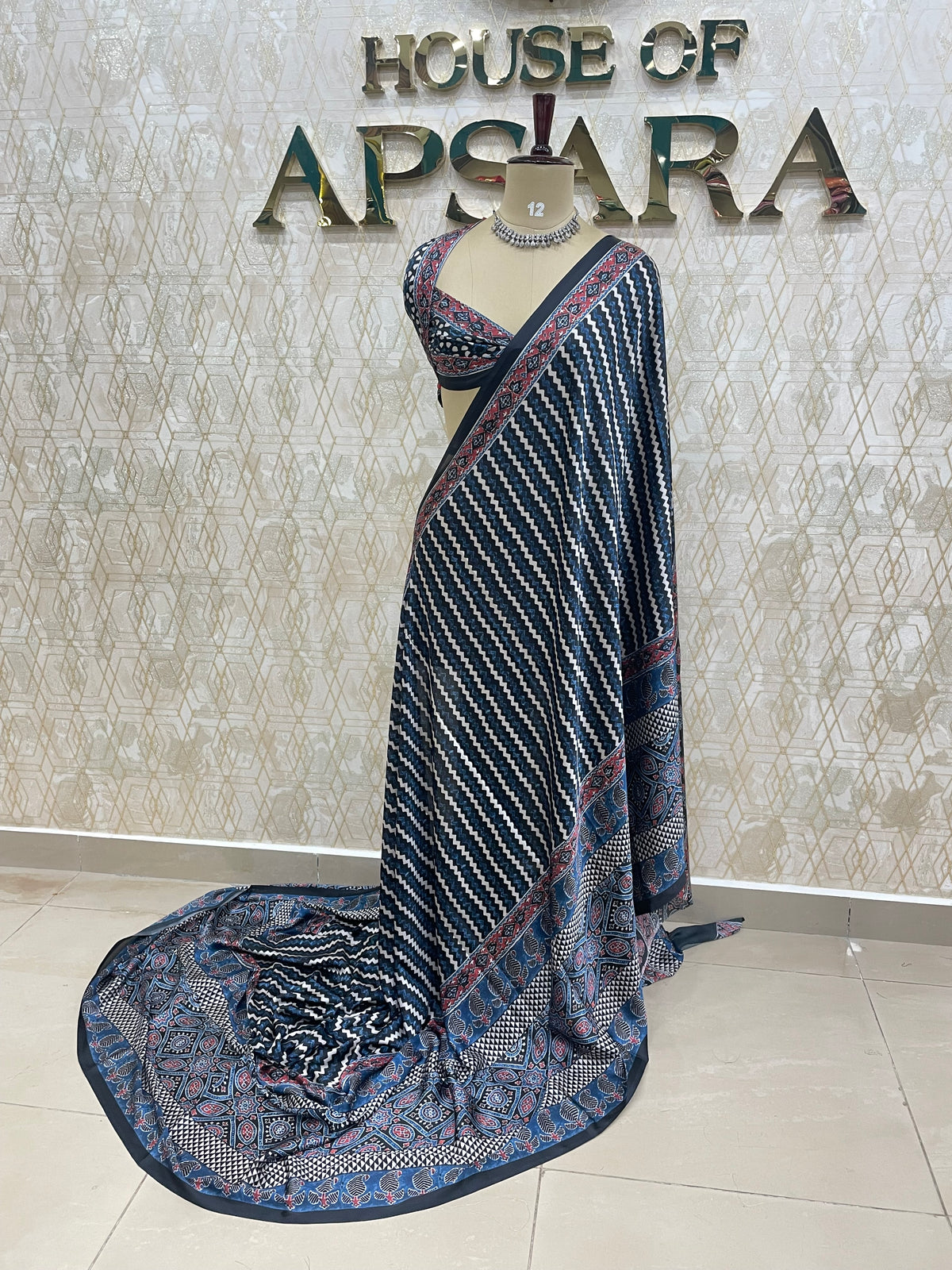 Navy Blue Satin Digital Print Saree 45