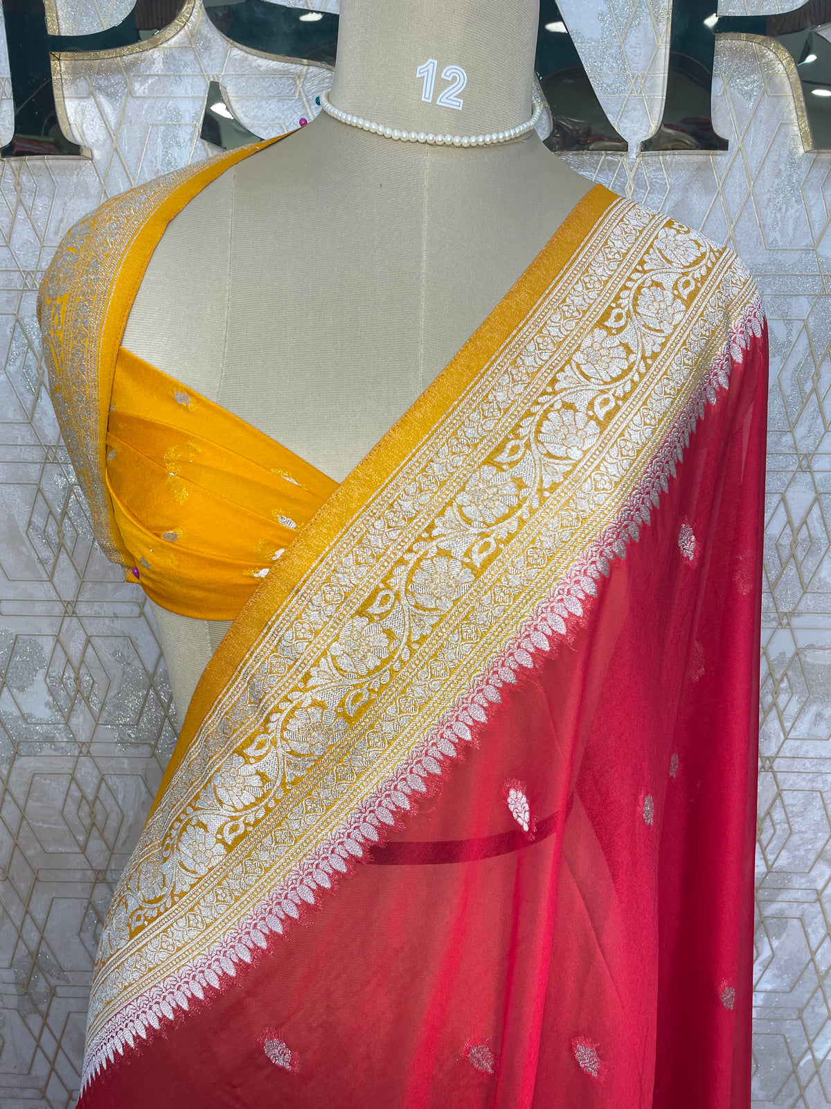 Red n Yellow With Silver Zari Semi Chiffon