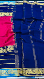 Rani Pink n Dark Blue 3D Pure Mysore Silk Crepe Saree 01