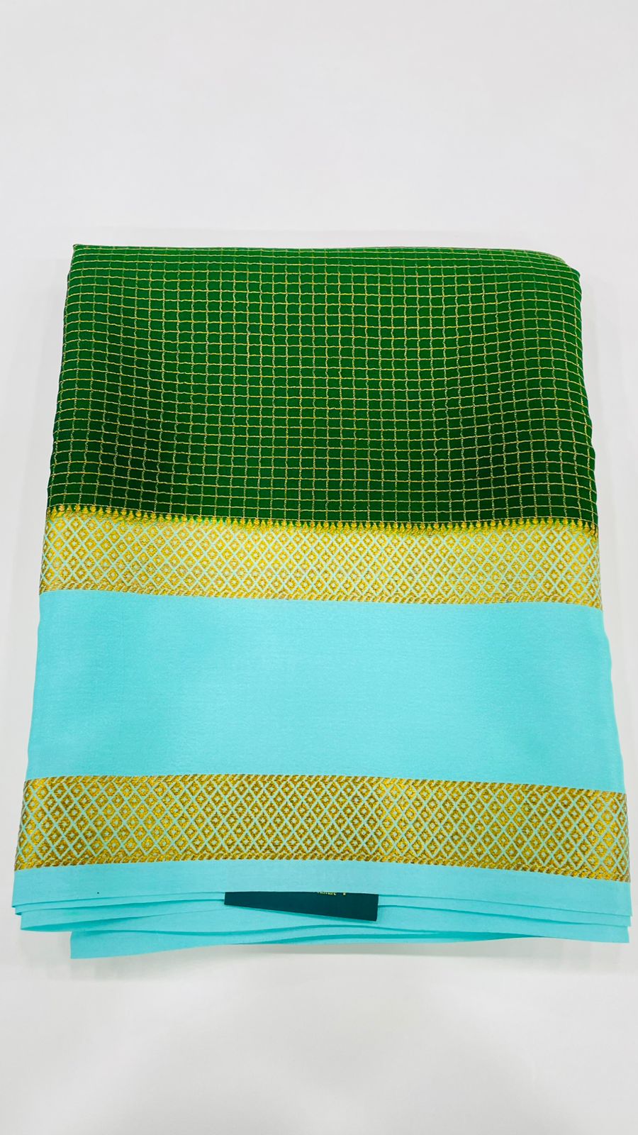 Bottle Green n Blue Bentex Checks Pure Mysore Silk Crepe Saree 01