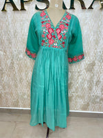 Sea Green Mul Chanderi Silk Hand Embroidery Kurtha 114